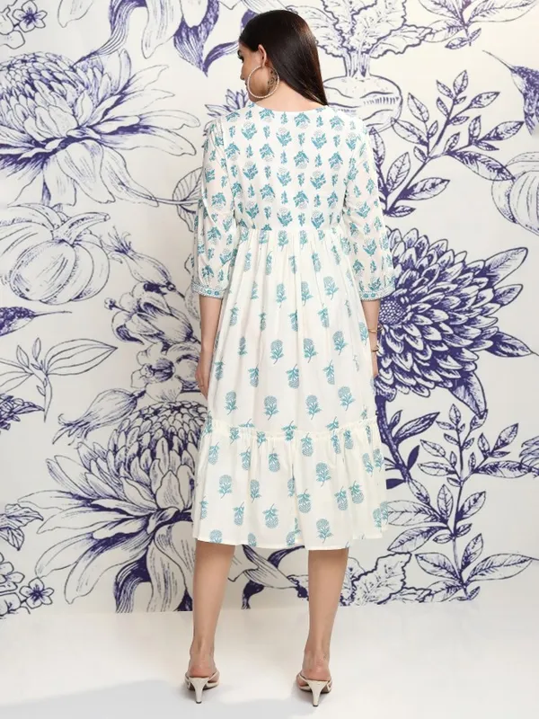 Vishudh Women Cream Printed A-Line Dress