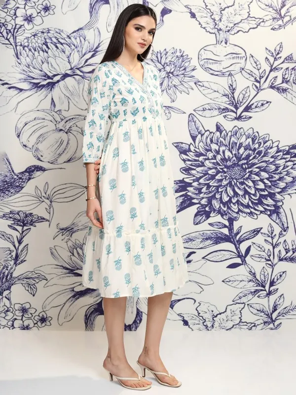Vishudh Women Cream Printed A-Line Dress