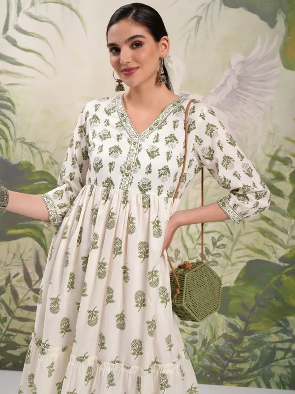 Vishudh Women Cream Printed A-Line Dress
