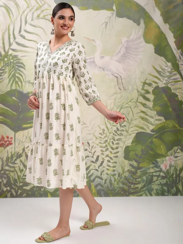 Vishudh Women Cream Printed A-Line Dress
