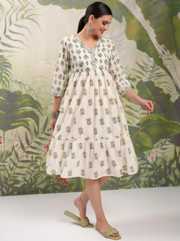 Vishudh Women Cream Printed A-Line Dress
