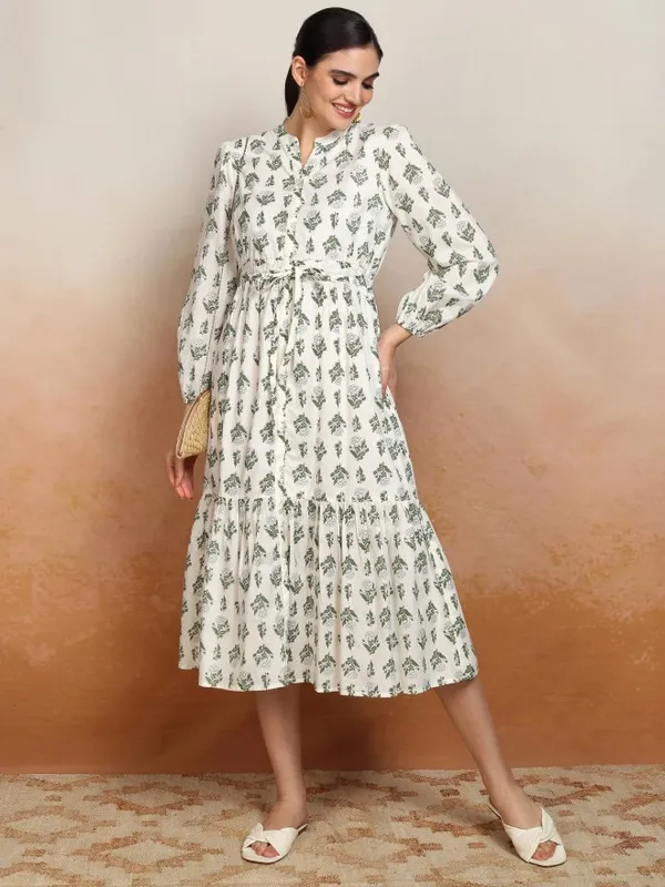 Vishudh Women Cream Printed Drop-Waist Dress