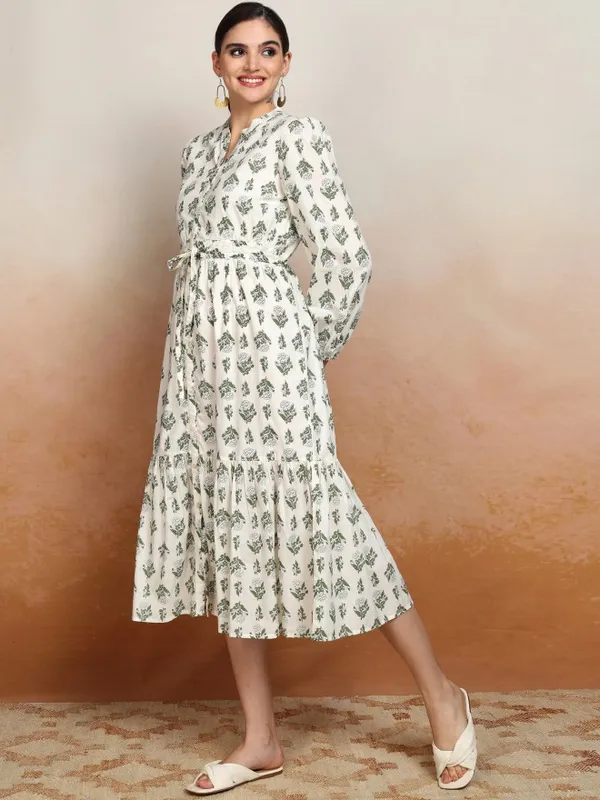 Vishudh Women Cream Printed Drop-Waist Dress