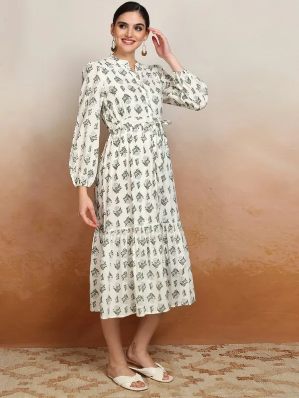 Vishudh Women Cream Printed Drop-Waist Dress