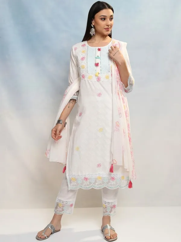 Vishudh Women White Embroidered Kurta With Trousers And Dupatta