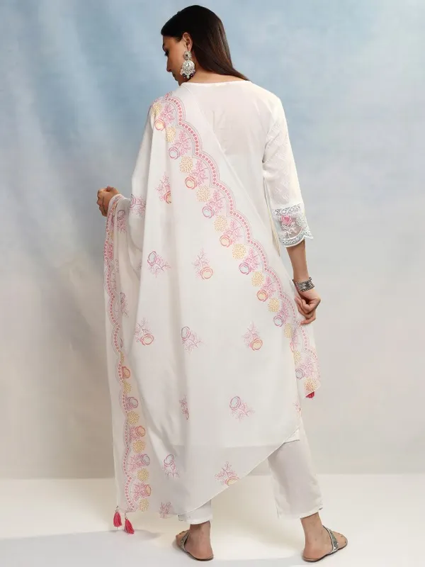 Vishudh Women White Embroidered Kurta With Trousers And Dupatta