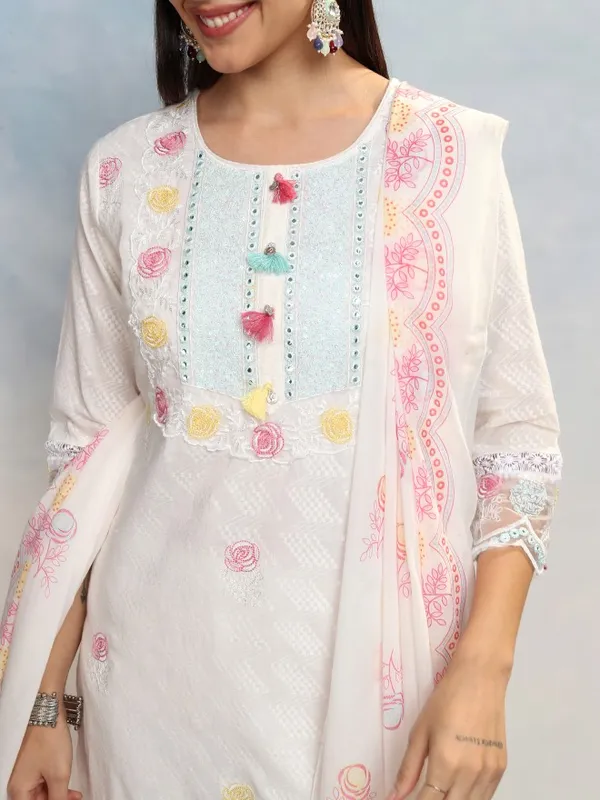 Vishudh Women White Embroidered Kurta With Trousers And Dupatta