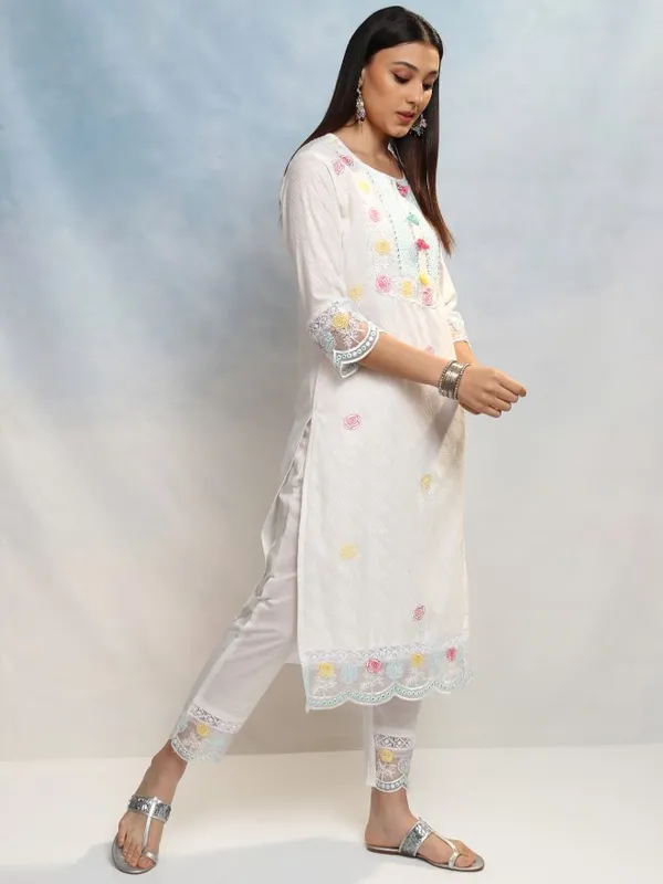 Vishudh Women White Embroidered Kurta With Trousers And Dupatta