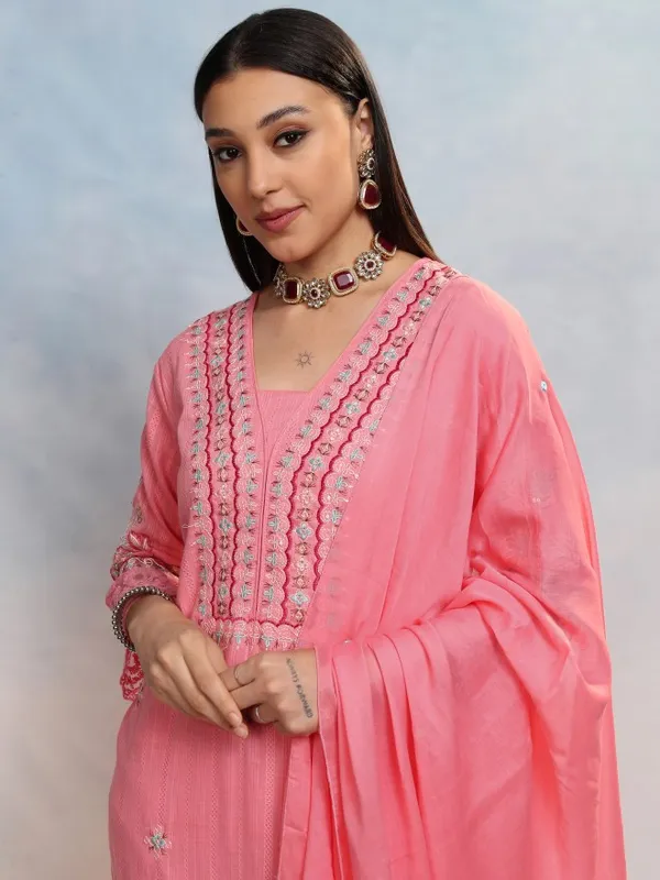 Vishudh Women Pink Embroidered Kurta With Trouser And Dupatta