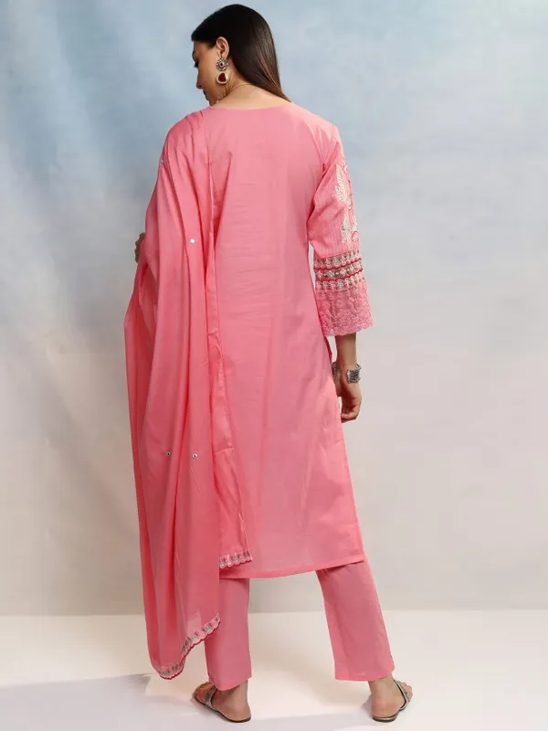 Vishudh Women Pink Embroidered Kurta With Trouser And Dupatta
