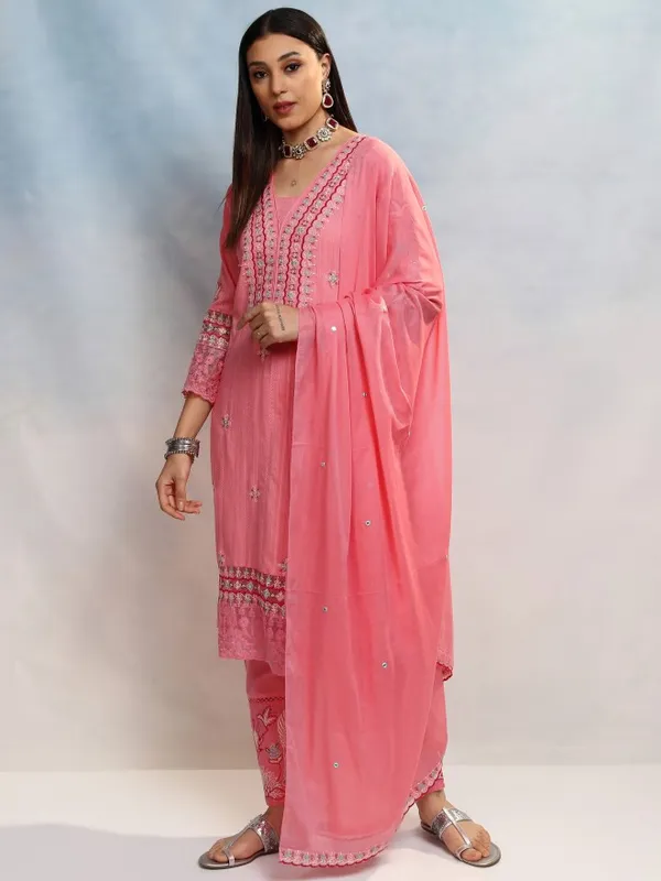 Vishudh Women Pink Embroidered Kurta With Trouser And Dupatta