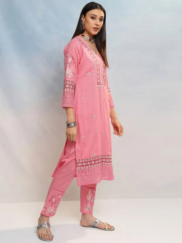 Vishudh Women Pink Embroidered Kurta With Trouser And Dupatta