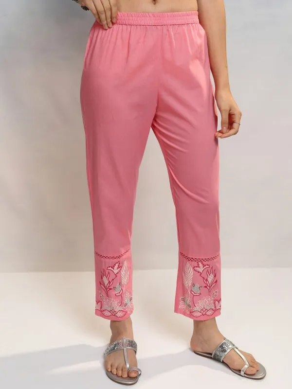 Vishudh Women Pink Embroidered Kurta With Trouser And Dupatta