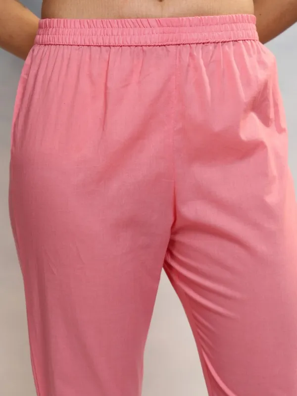 Vishudh Women Pink Embroidered Kurta With Trouser And Dupatta