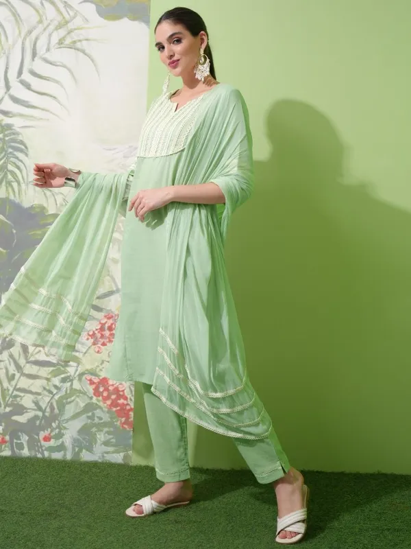 Vishudh Women Green Embroidered Kurta With Trousers & Dupatta