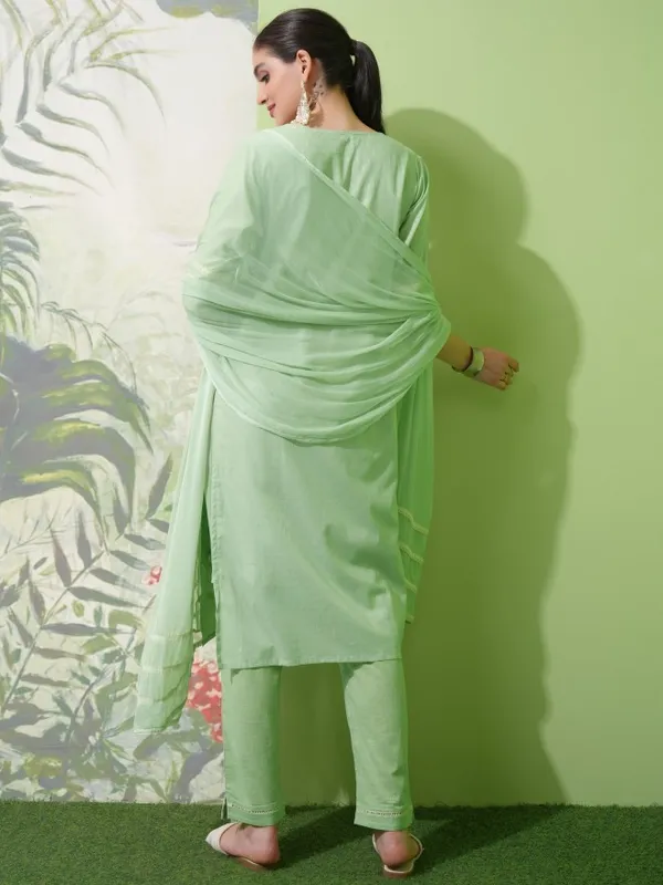 Vishudh Women Green Embroidered Kurta With Trousers & Dupatta