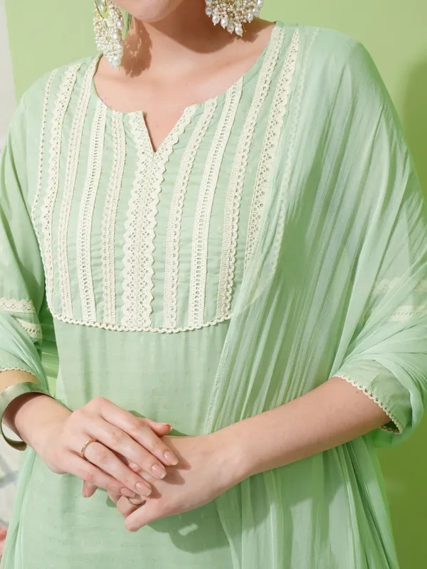 Vishudh Women Green Embroidered Kurta With Trousers & Dupatta