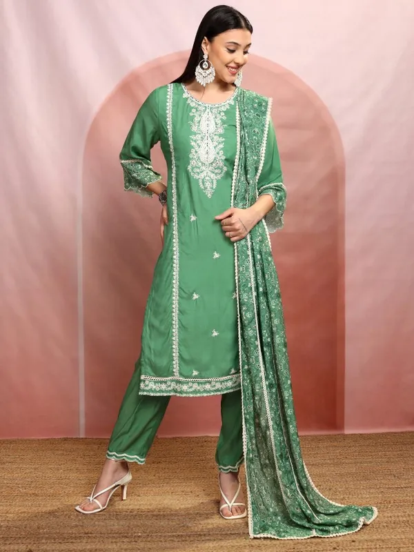 Vishudh Women Green Embroidered Kurta With Trouser And Dupatta