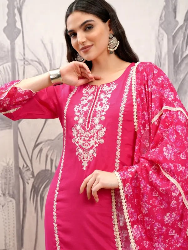 Vishudh Women Pink Embroidered Kurta With Trouser And Dupatta