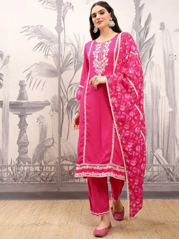 Vishudh Women Pink Embroidered Kurta With Trouser And Dupatta