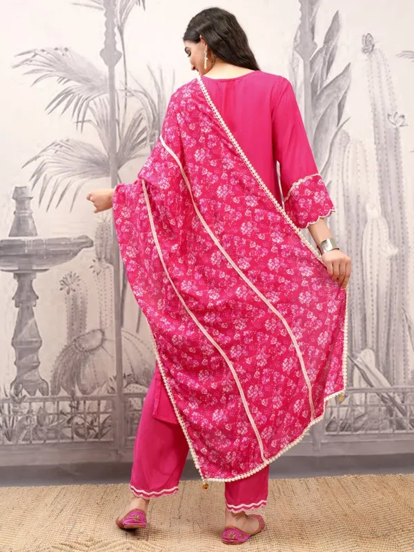 Vishudh Women Pink Embroidered Kurta With Trouser And Dupatta