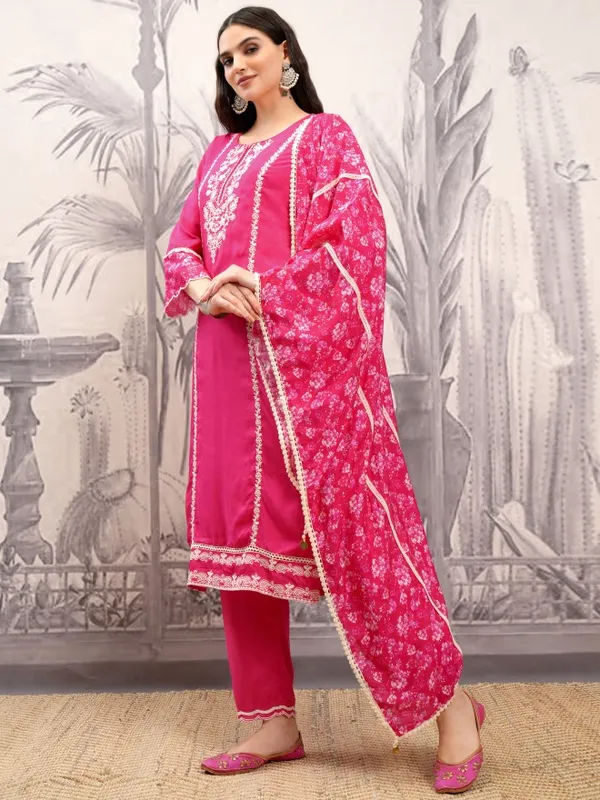 Vishudh Women Pink Embroidered Kurta With Trouser And Dupatta