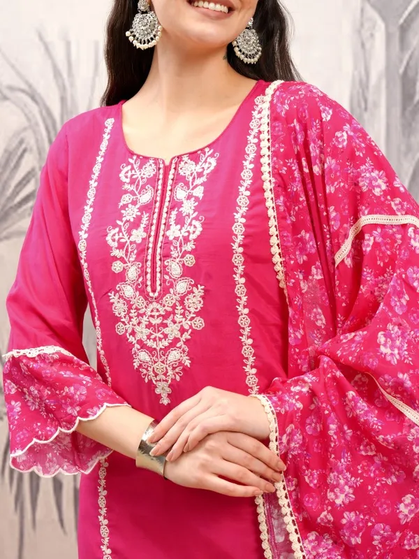 Vishudh Women Pink Embroidered Kurta With Trouser And Dupatta