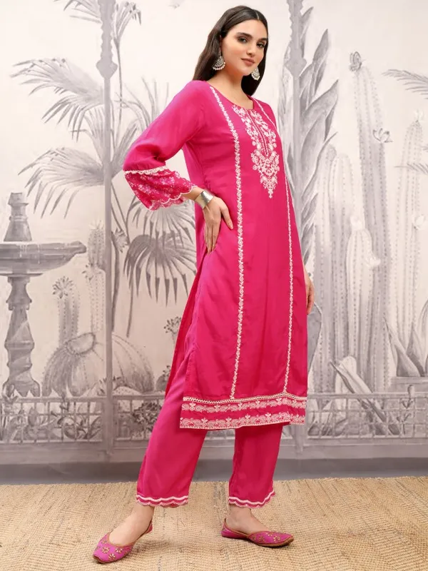 Vishudh Women Pink Embroidered Kurta With Trouser And Dupatta