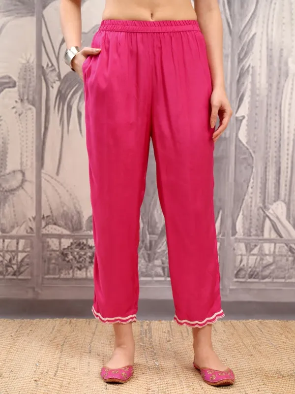 Vishudh Women Pink Embroidered Kurta With Trouser And Dupatta