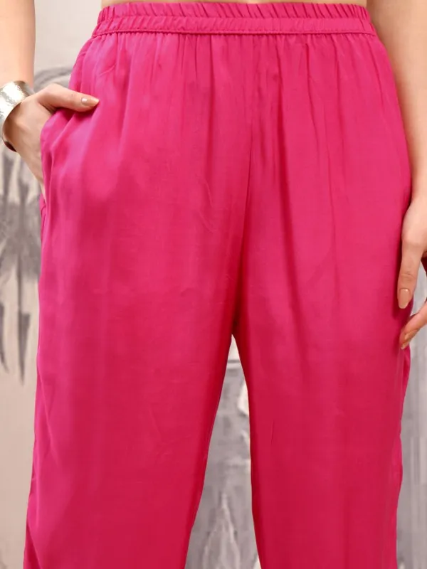 Vishudh Women Pink Embroidered Kurta With Trouser And Dupatta