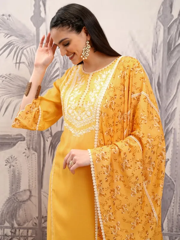Vishudh Women Mustard Embroidered Kurta With Trouser And Dupatta