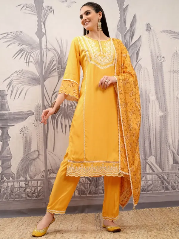Vishudh Women Mustard Embroidered Kurta With Trouser And Dupatta