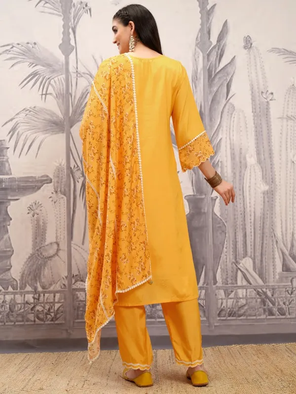 Vishudh Women Mustard Embroidered Kurta With Trouser And Dupatta