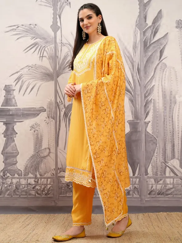Vishudh Women Mustard Embroidered Kurta With Trouser And Dupatta