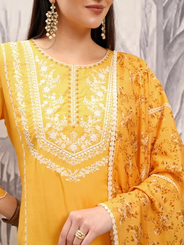 Vishudh Women Mustard Embroidered Kurta With Trouser And Dupatta