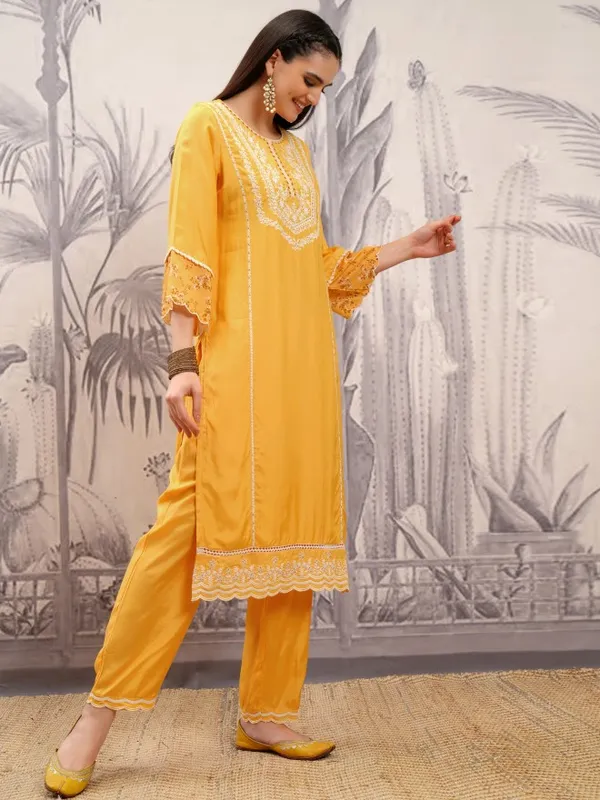 Vishudh Women Mustard Embroidered Kurta With Trouser And Dupatta