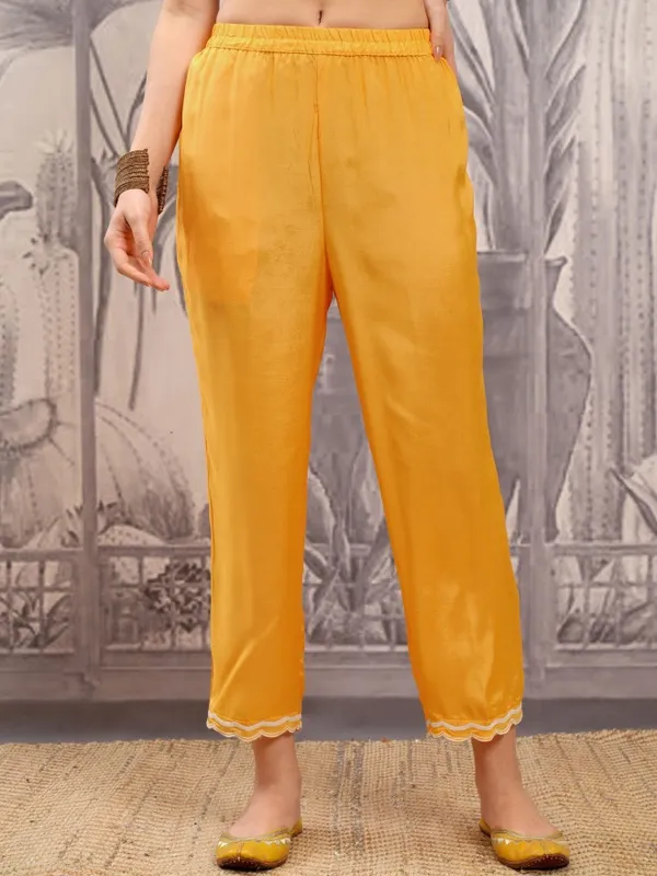 Vishudh Women Mustard Embroidered Kurta With Trouser And Dupatta