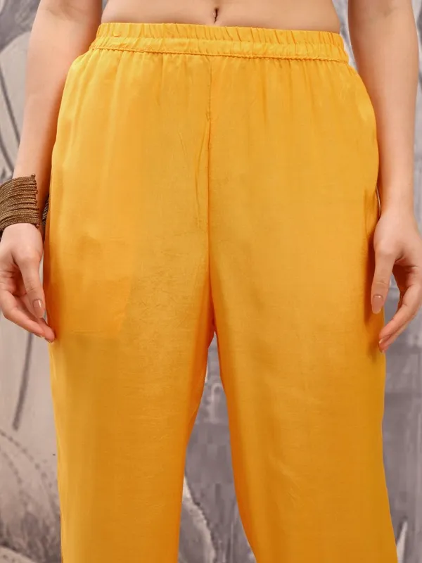 Vishudh Women Mustard Embroidered Kurta With Trouser And Dupatta