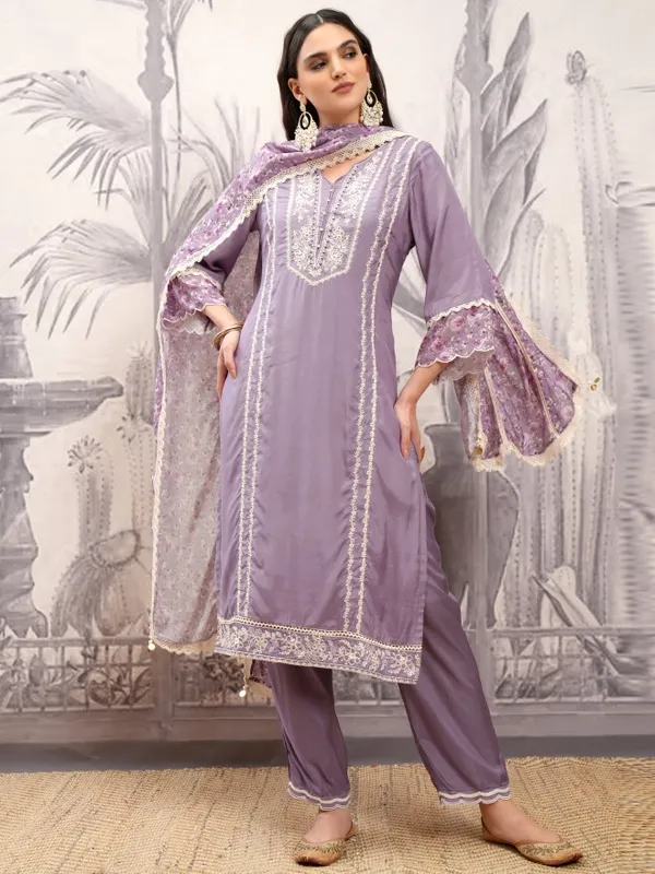 Vishudh Women Purple Embroidered Kurta With Trousers And Dupatta