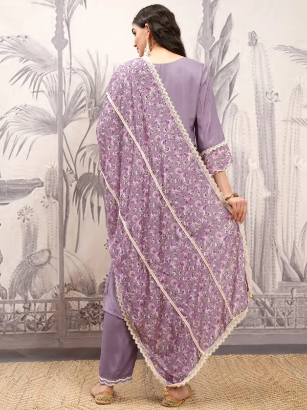 Vishudh Women Purple Embroidered Kurta With Trousers And Dupatta
