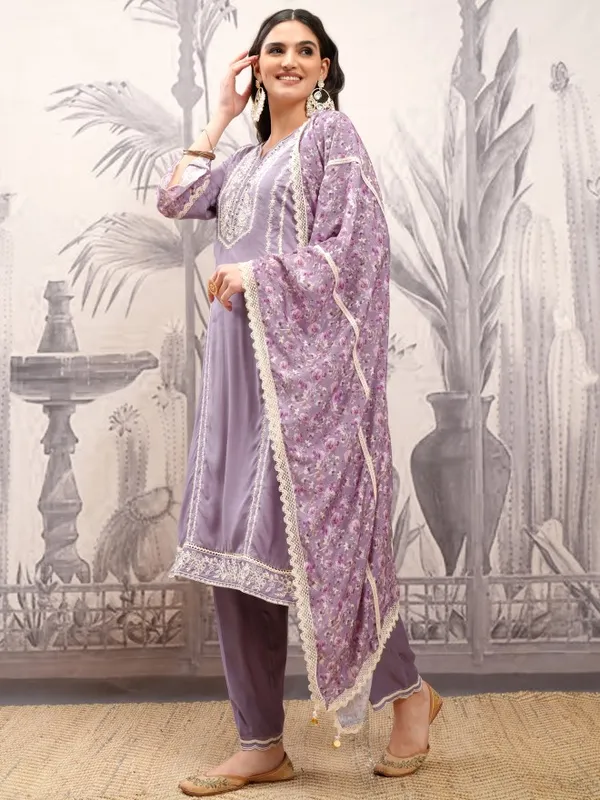 Vishudh Women Purple Embroidered Kurta With Trousers And Dupatta
