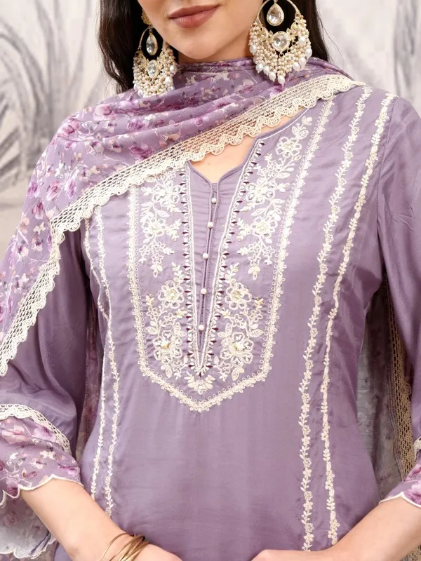 Vishudh Women Purple Embroidered Kurta With Trousers And Dupatta