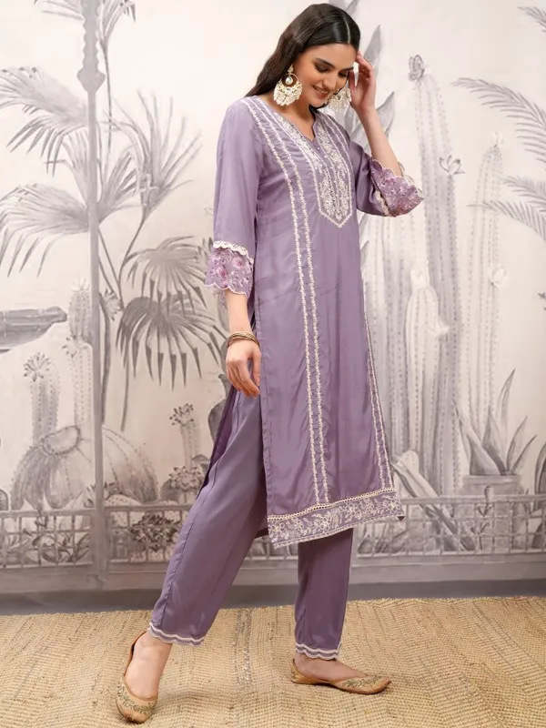 Vishudh Women Purple Embroidered Kurta With Trousers And Dupatta