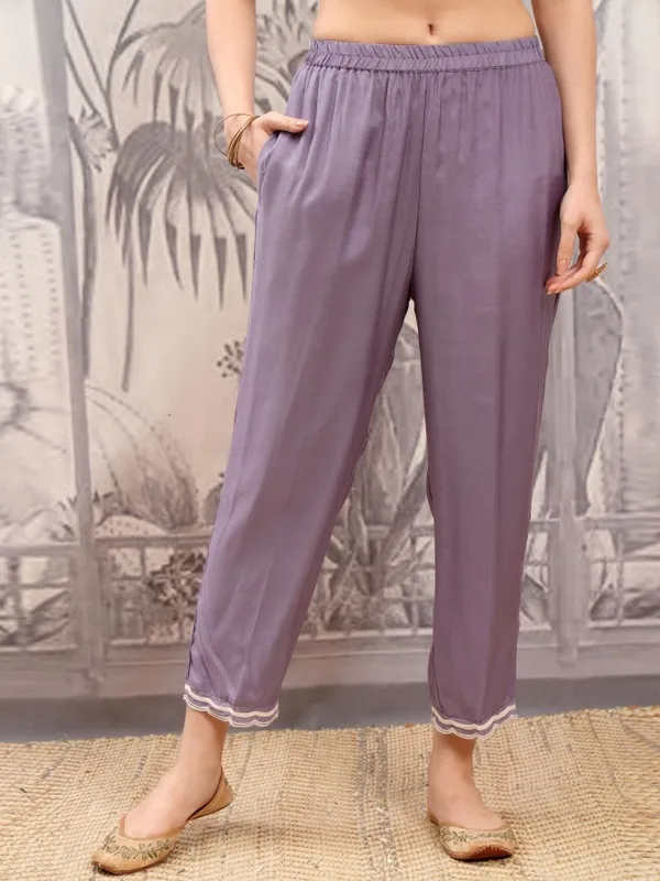 Vishudh Women Purple Embroidered Kurta With Trousers And Dupatta