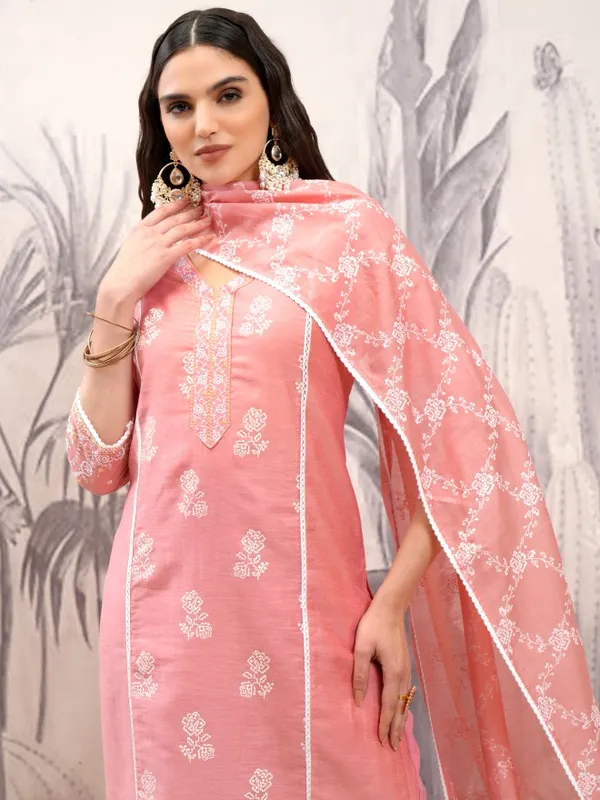 Vishudh Women Pink Printed Kurta With Trousers And Dupatta