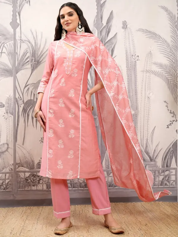 Vishudh Women Pink Printed Kurta With Trousers And Dupatta