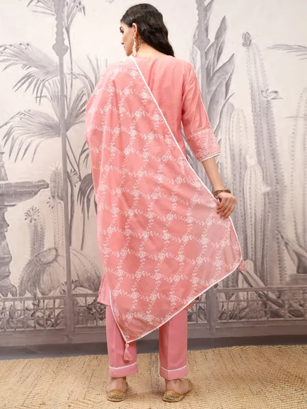 Vishudh Women Pink Printed Kurta With Trousers And Dupatta