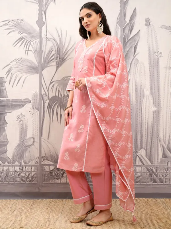 Vishudh Women Pink Printed Kurta With Trousers And Dupatta
