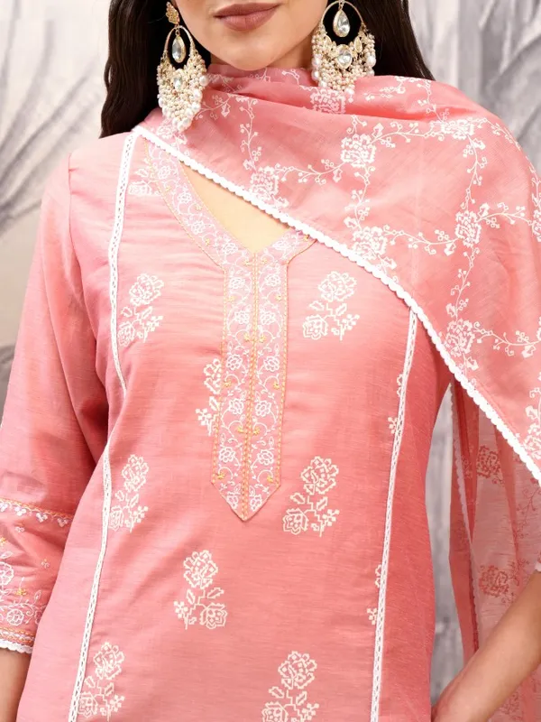 Vishudh Women Pink Printed Kurta With Trousers And Dupatta