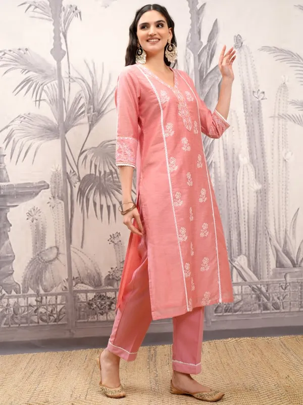 Vishudh Women Pink Printed Kurta With Trousers And Dupatta
